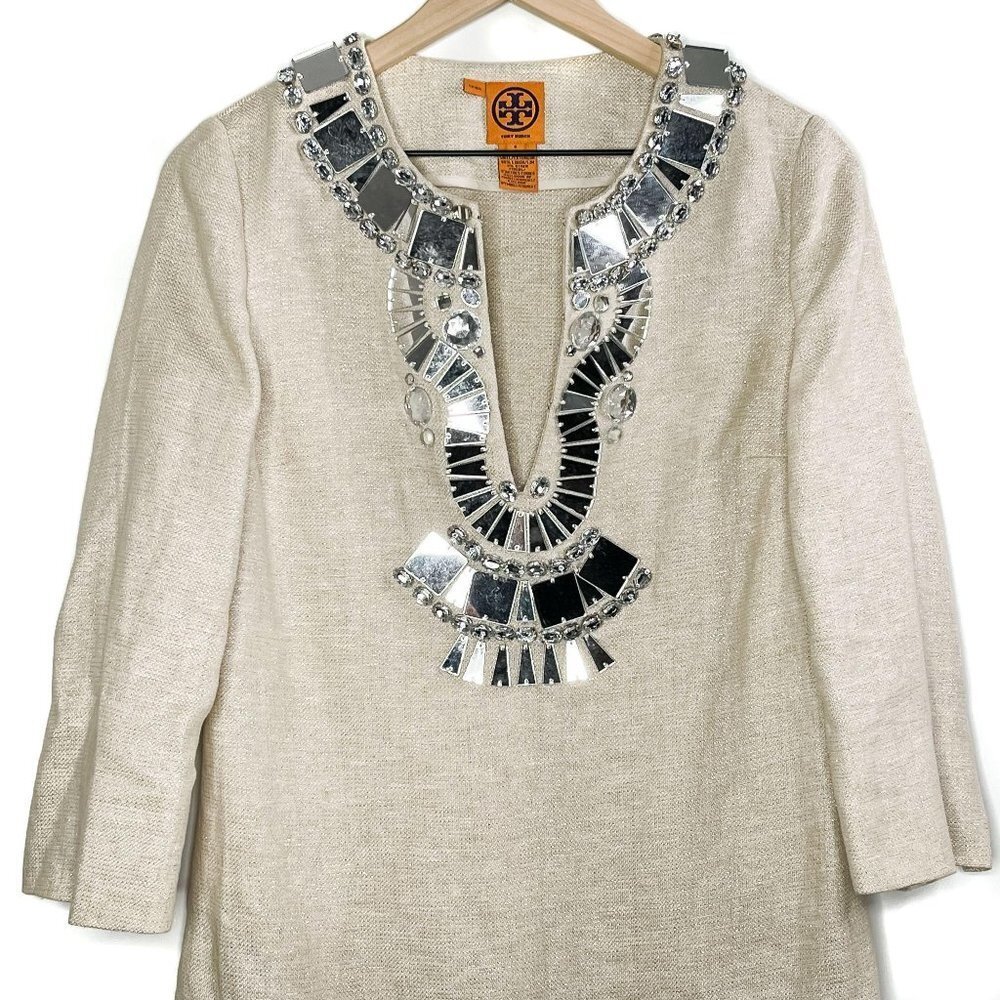 Tory Burch Linen Blend Embellished Gem Rhinestone Beaded Sequin Tunic Dress 6 - Picture 2 of 7
